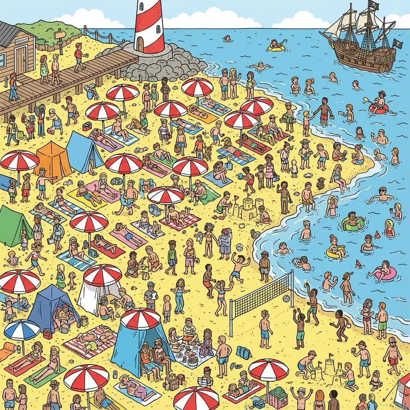 Where's Waldo page beach scene - famous book page with detailed illustrations and hundreds of beachgoers