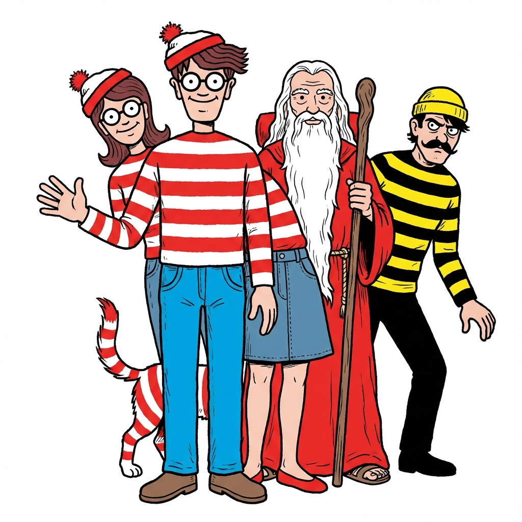 Where's Waldo characters complete guide - all main cast including Waldo, Wenda lady companion, Wizard Whitebeard, Odlaw villain and Woof dog together