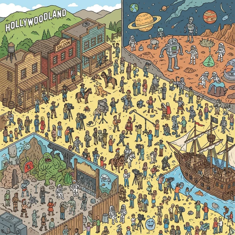 Where's Waldo page Hollywood scene - In Hollywood book page illustration with movie sets and film production