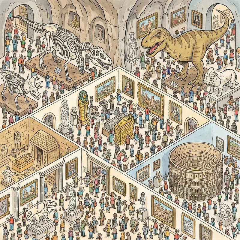 Where's Waldo page museum scene - Wonder Book page with detailed artwork and visitors viewing paintings