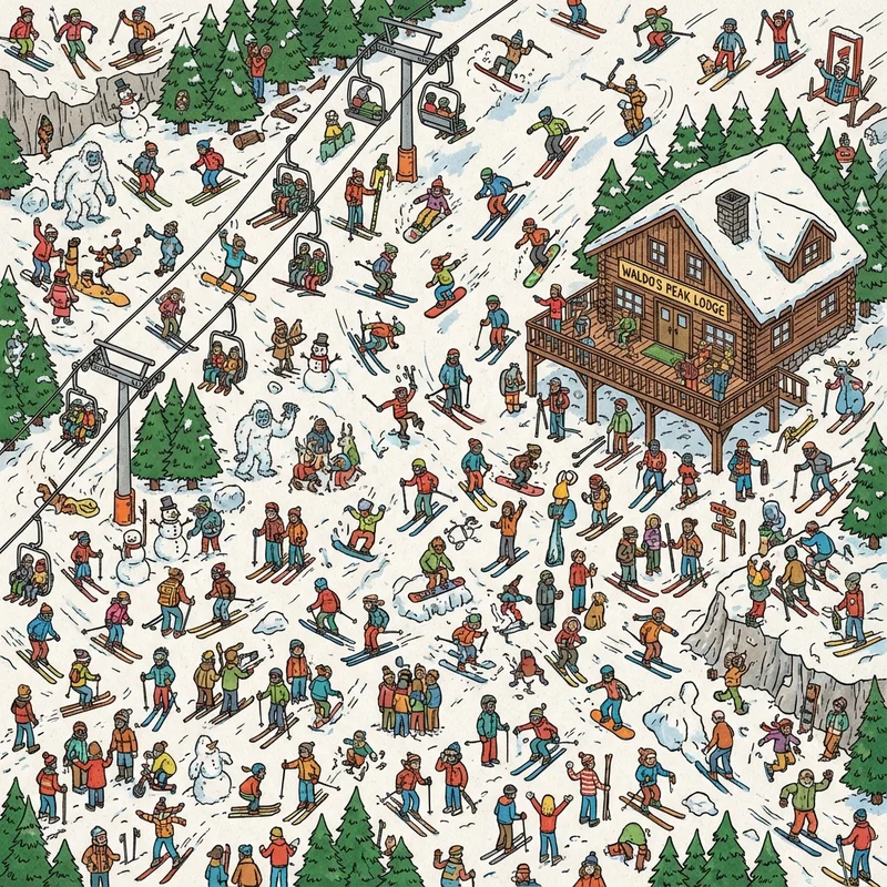 Where's Waldo page ski slopes - winter scene from Where's Waldo Now book with skiers and snow activities